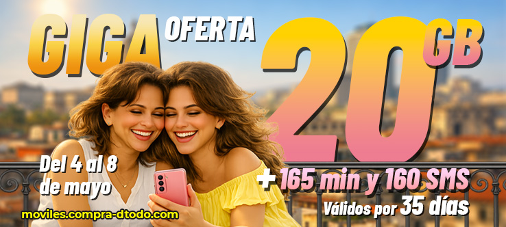 Gana 20 GB, 165 minutos y 160 sms válidos por 35 dias
